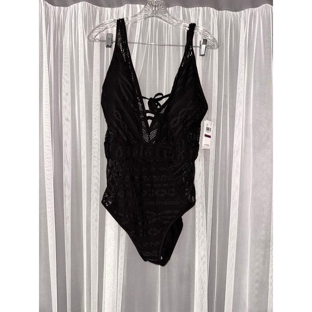 Black Mesh Lace-Up One-Piece Swimsuit With Removable Cups XXL - Picture 2 of 15